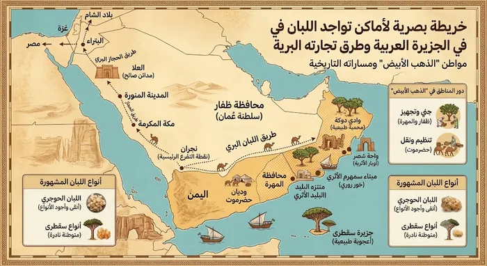 خريطة أماكن تواجد اللبان في الجزيرة العربية وطرق تجارته البرية