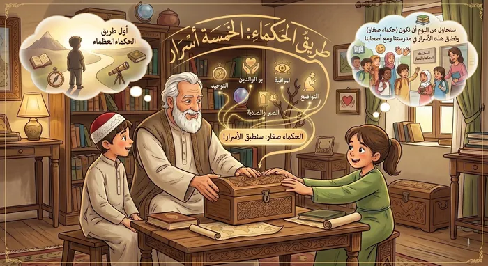 طريق الحكماء: الخمسة أسرار (التوحيد، بر الوالدين، الصبر والصلاة، المراقبة، التواضع)